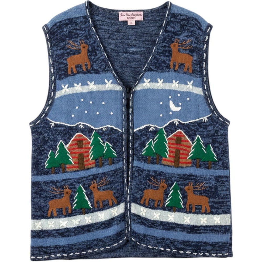 Star Blue Originals Studio Winter Reindeer Cabin Zip Front Sweater Vest Blue‎ Sm